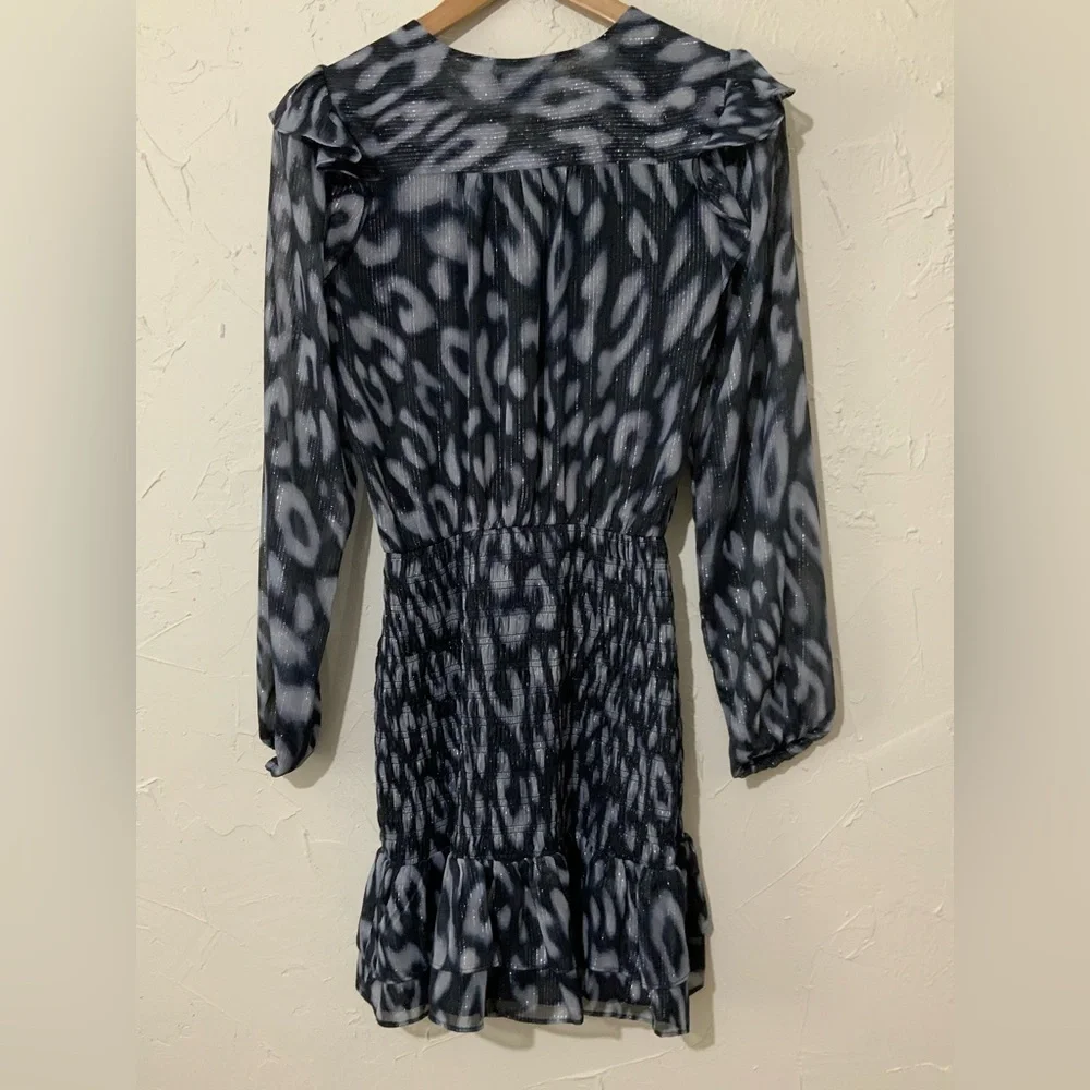 Socialite Metallic Chiffon Smock Waist Ruffle Hem Long Sleeve Mini Dress Sz XS
